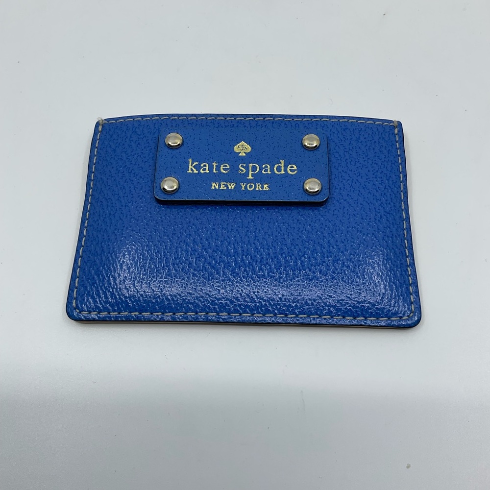 Kate Spade Wellesley Graham Leather Card Holder Wallet Blue Tan Polka Dot